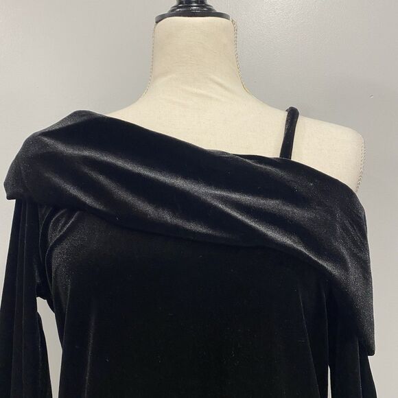 WAVERLY GREY S Black Velvet Off Shoulder Asymmetrical Blouse Whimsigoth Evening - Picture 2 of 15
